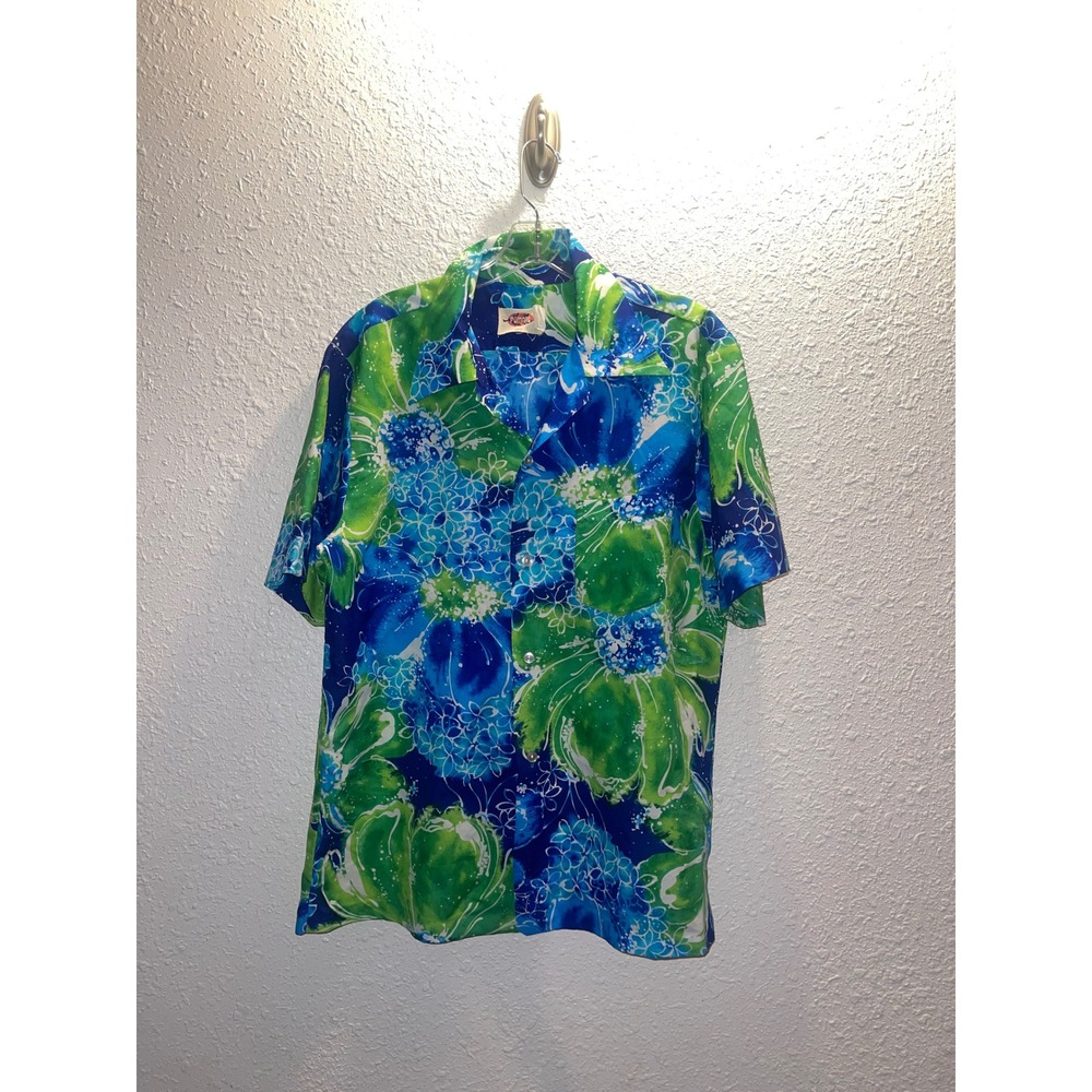 Pomare Hawaii blue green floral hawaiian shirt.‎